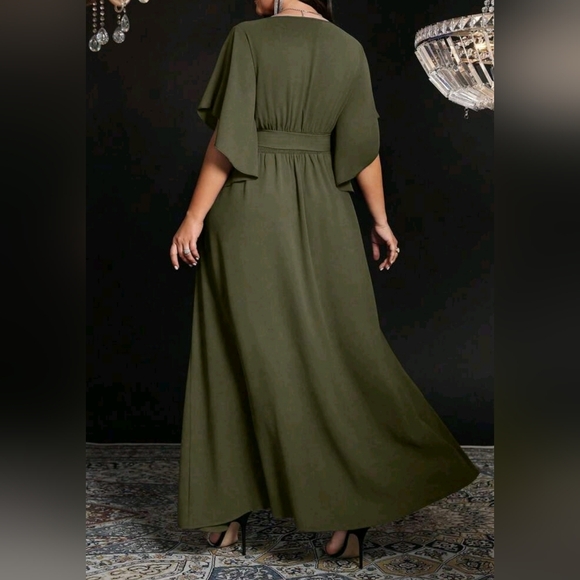 New Flowy Wrap Top Banded Belt Tie Waist Split Maxi Dress PLUS Olive Green - Picture 6 of 9